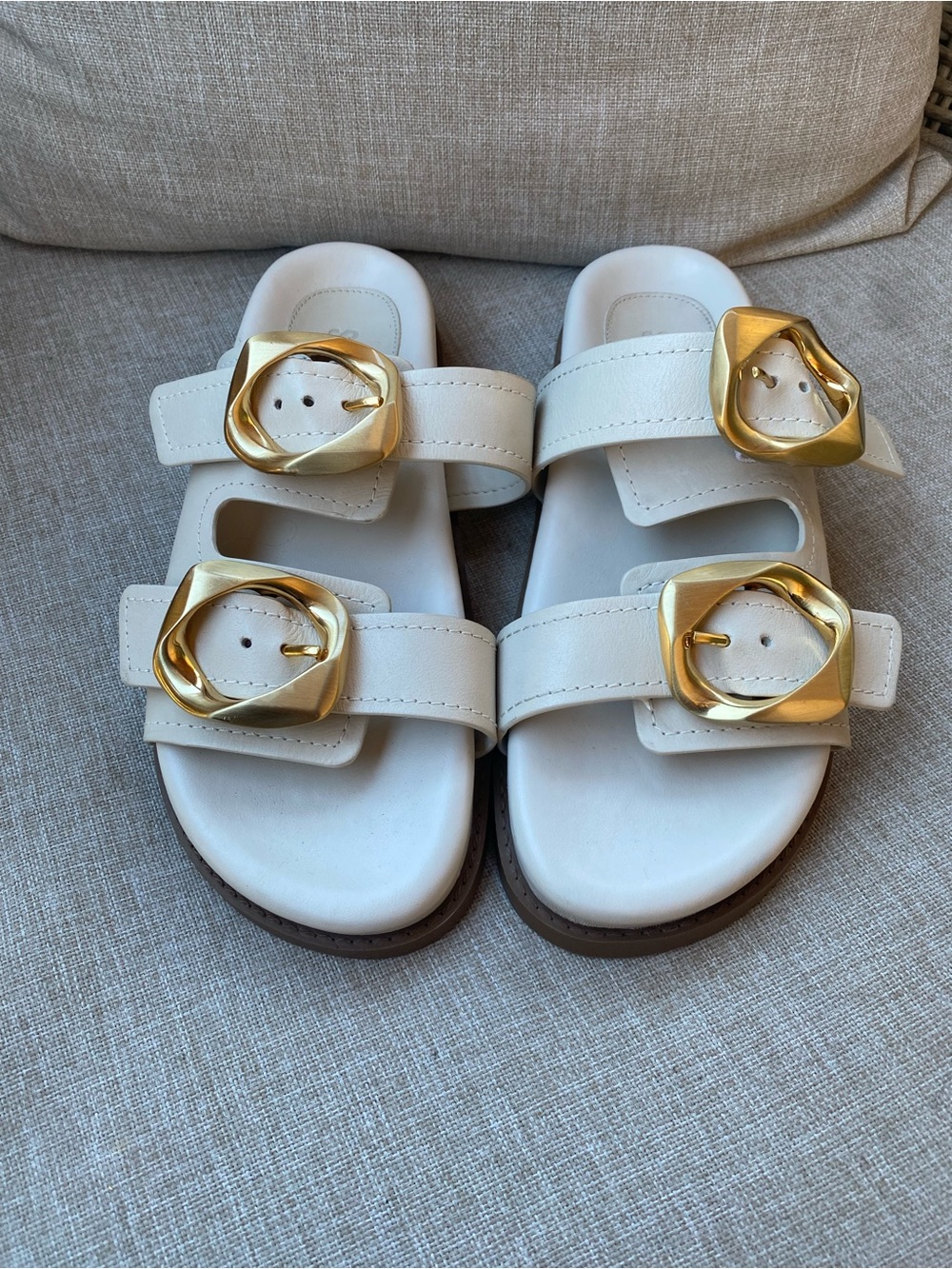 SCHUTZ White Sandal Slides with Gold Buckles